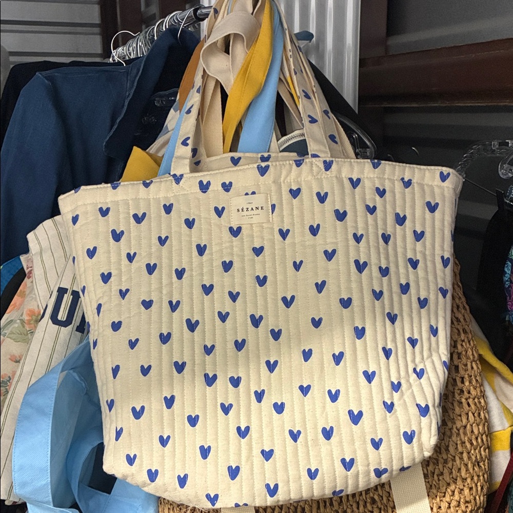 Sezane Cream Tote with Blue Heart Design 💝